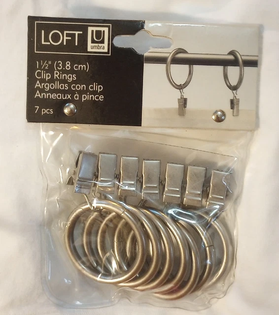 LOFT UMBRA 1.5” CURTAIN DRAPERY METAL CLIP RINGS PEWTER COLOR 7-pc NEW