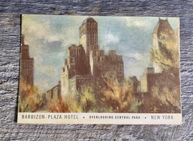 VTG Linen c.1960 Barbizon-Plaza Hotel Overlooking Central Park Radio City NYC.