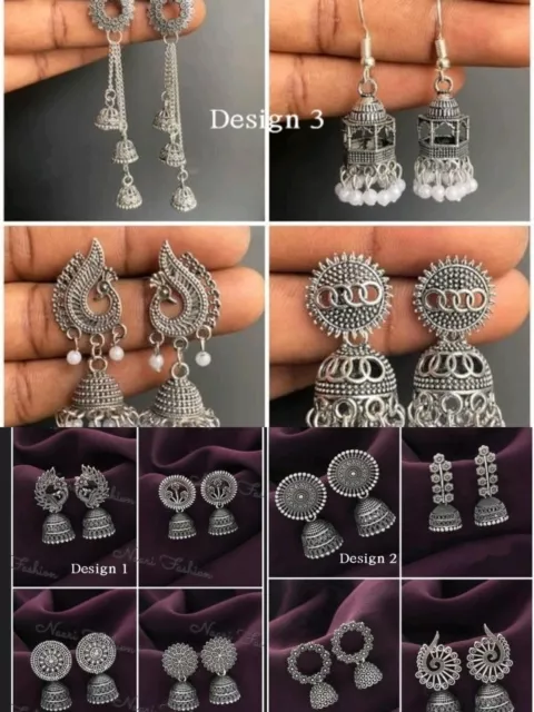 Indian Jhumka Earrings Pakistani Bali Silver Oxidized Jewelry Ethnic Combo Pack