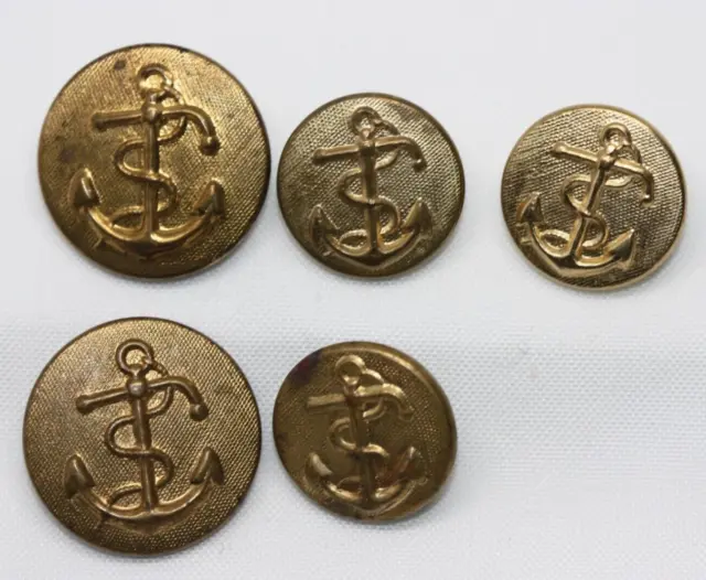 Lot of 5 Brass Navy Pea Coat Buttons Anchor Rope Officers Military Jacket
