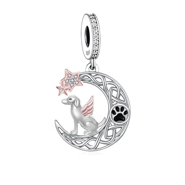 Dog Angel Wings RIP Memorial Charm Pet Paw Puppy Moon Stars Sterling Silver 925