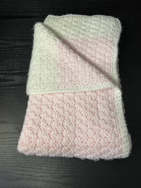 Handmade Crochet Knit Baby Blanket Afghan So Soft Pink & White 40” x  46”