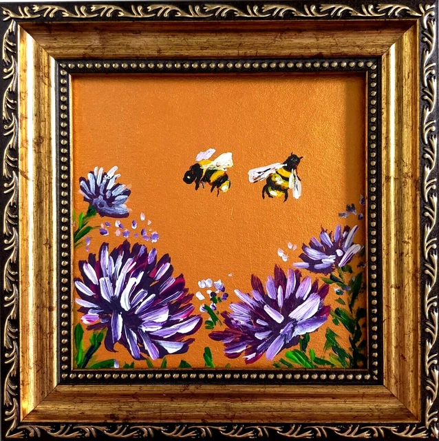 ORIGINAL BEE PAINTING Bumblebee on flowers Art Honeybee Insects Gold