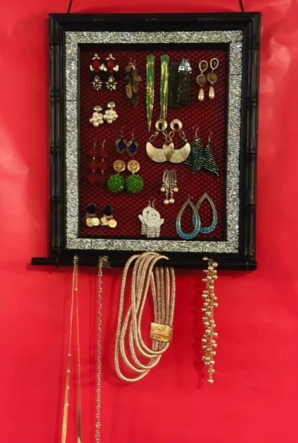 Vintage Hanging Earring Organizer Frame Wall Mounted Jewelry Holder 18in x15in.