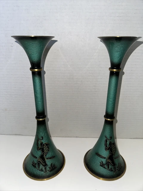 Oppenheim Israel Brass Green Verdigris Enamel Judaica Candlesticks  10 1/2” Tall