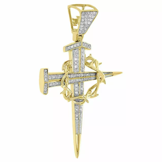 10K Yellow Gold Over Dagger Nail Diamond Cross Pendant Crown of Thorns Charm 2CT 2