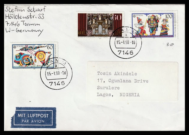 13105 - Germany Ddr Gdr 1990 Cover Tamm To Lagos Nigeria