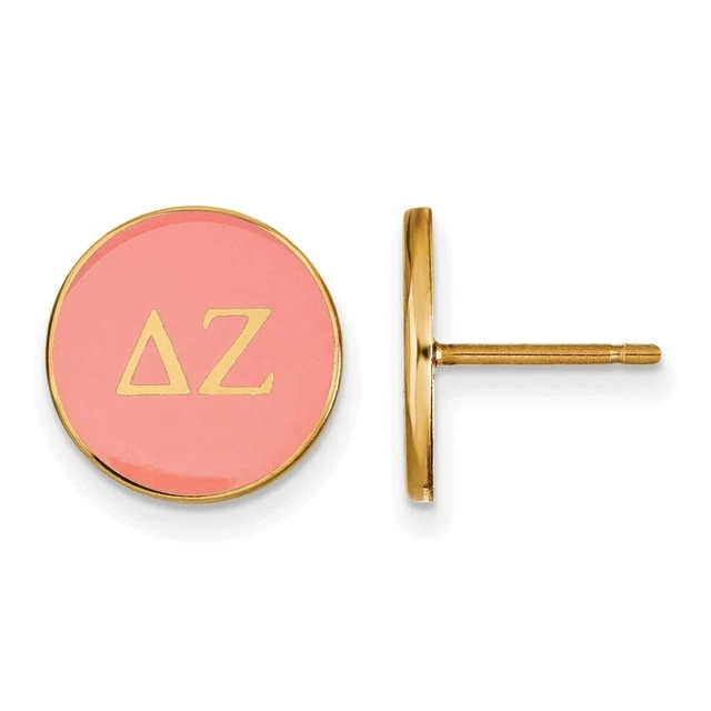 14K Plated Silver Delta Zeta Pink Enamel Disc Post Earrings