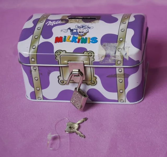 Blech - Spardose von Milka mit Schloß + 2 Schlüsseln Werbung Reklame Blech - Spardose von Milka mit Schloß + 2 Schlüsseln Werbung Reklame