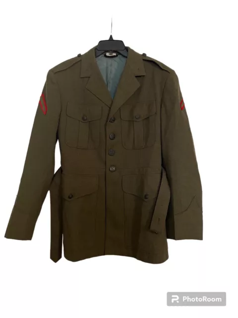 USMC Marine Corps Military Men’s Serge Green Alpha Coat With Belt No Buckle 40R