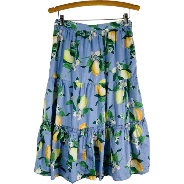Ann Taylor blue yellow lemon fruit tier novelty prairie cottagecore midi skirt 0