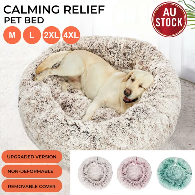 Dog Cat Pet Calming Bed Warm Soft Plush Round Nest Comfy Sleeping Kennel Cave AU