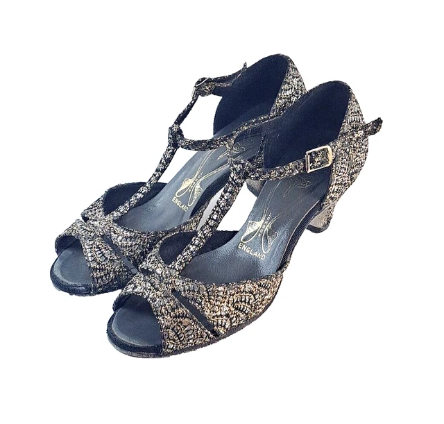 Freed of London Womens Cracked Ice Black Silver Open Toe Dance Shoes Size 4 N