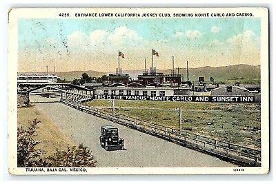 1928 Tijuana Baja Mexico Postcard California Jockey Club Monte Carlo Casino Car