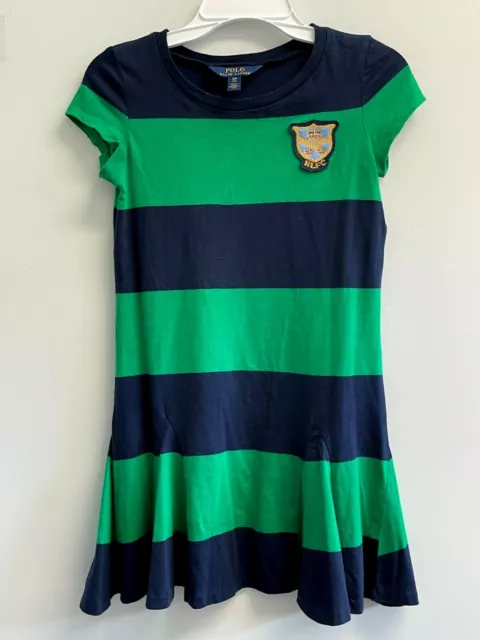 EUC POLO Ralph Lauren Girls S/7 Fit & Flare Rugby Dress Crest Patch RLPC Green