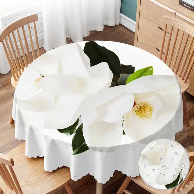 Yibeas Magnolia Flower round Tablecloth 60 Inch Tablecloth White Floral Green Le