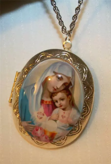 Gorgeous Immaculate Hearts of Mary and Jesus Eucharist Locket Medal Necklace