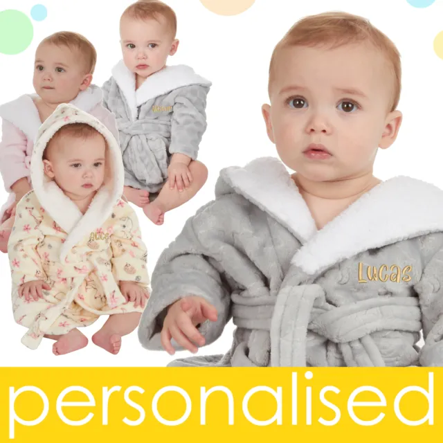 Personalised Baby Girls Baby Boys Dressing Gown Sherpa Lined Bathrobe 0-24 Month