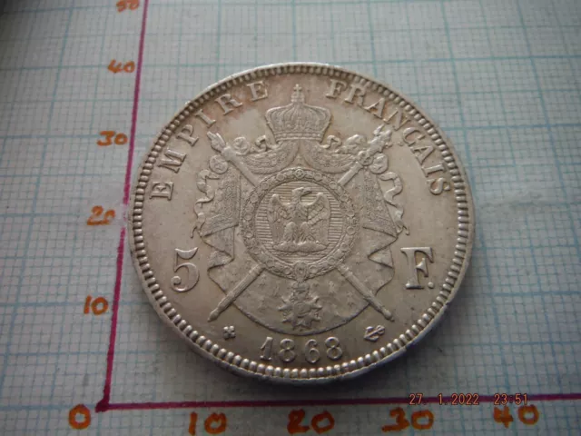 1868 FRANCE EMPIRE 5 FRANCS NAPOLEON III .900 SILVER 25g CROWN COIN STRASBOURG