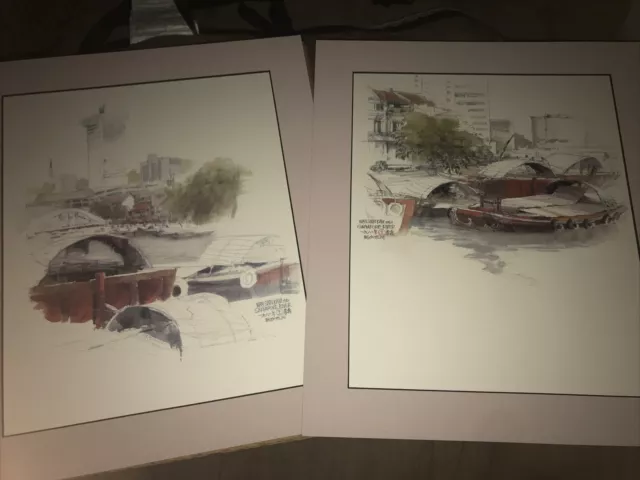 Lot of 2 - 1982 - Wan Soon Kam - Singapore River - Boats - Signed - Print - Art