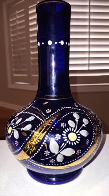 Vintage Bohemian Glass Cobalt Blue Vase with Hand Painted White Dots and Flowers