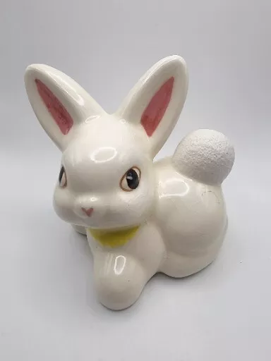 Vintage Ceramic White Baby Bunny Figurine 4" Tall x 4.5" Long Yellow Collar