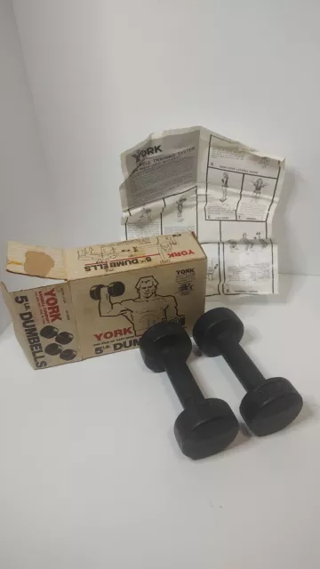 VINTAGE YORK 5 lb Cast Iron Dumbells Flat Rest Pair 2