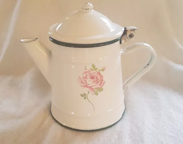 Verseuse Cafetière ancienne en tôle émaillée - motif rose 15 cm Vintage