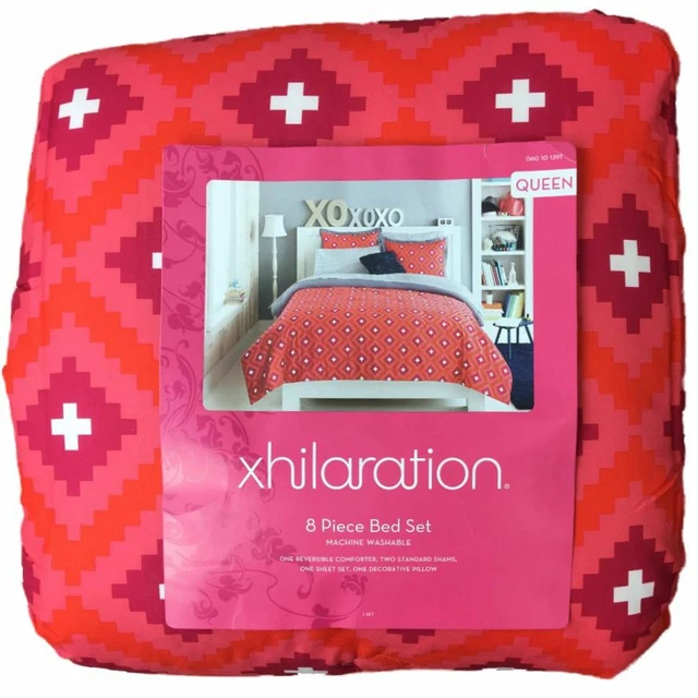 Queen Bed In A Bag Coral & Pink Geometric Comforter Sheets Shams & Pillow, 8 Pc Queen Bed In A Bag Coral & Pink Geometric Comforter Sheets Shams & Pillow, 8 Pc