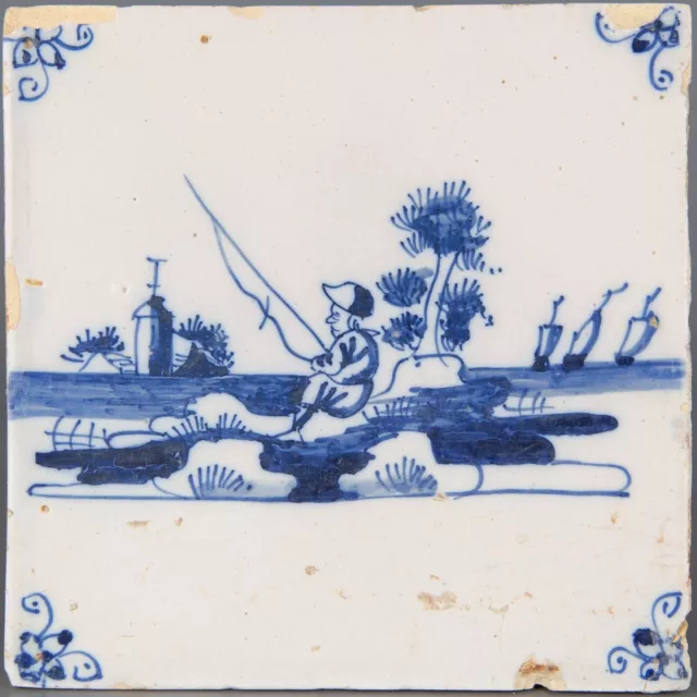 Nice Dutch Delft Blue tile, fisherman in landscape, 18th century