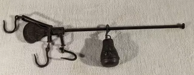 Vtg 10lb Hanging Balance Beam Scale Cast Iron With Three Hooks & Counter Weight