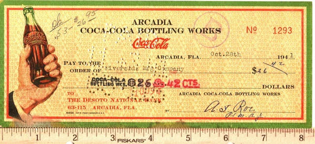 Coca Cola Check Florida 1941 World War II Bank Check