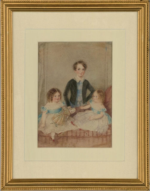 Framed Mid 19th Century Watercolour - Portrait of Siblings