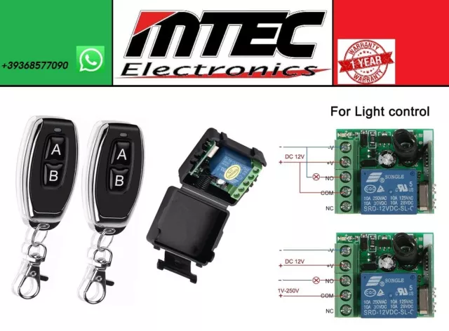 "2 TELECOMANDI 433Mhz DC 12V 1CH wireless Relè ricevitore Trasmettitore Switch"