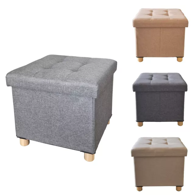 Pouf Contenitore Lino Imbottito  Sgabello con Baule piedi Legno versatile panca