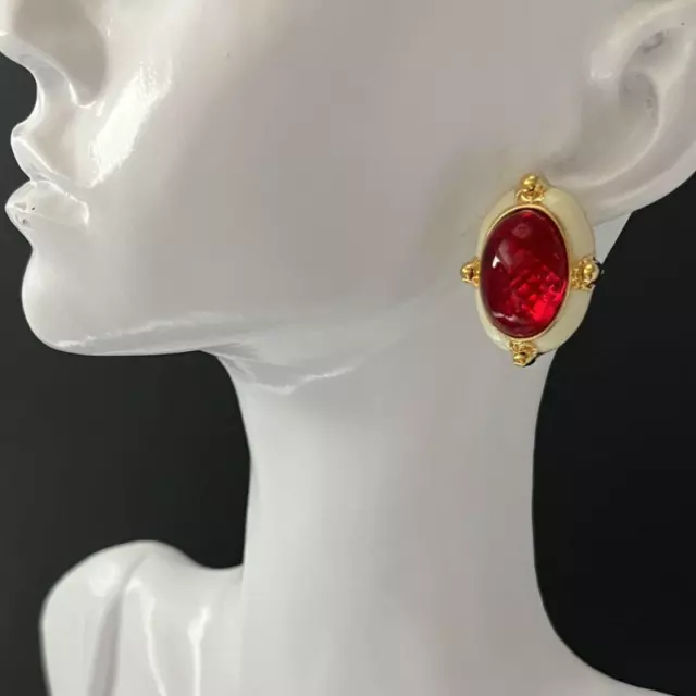 A Pair Glass Cabochon Earrings Red Oval Gold Tone Cream Enamel Pierced