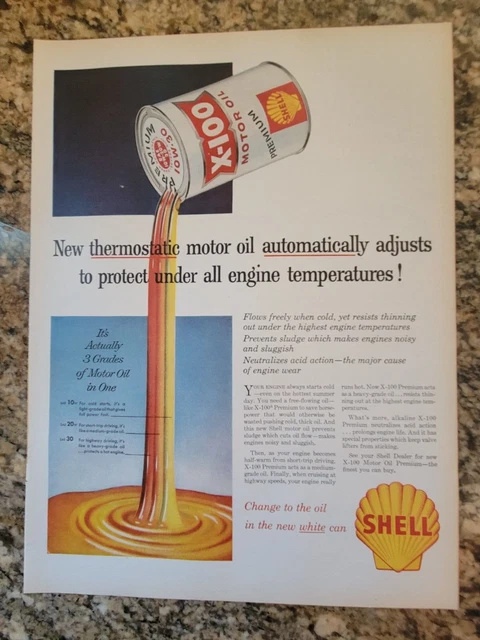 SHELL X-100 Motor Oil Ad - New thermostatic motor oil automatically adjusts!