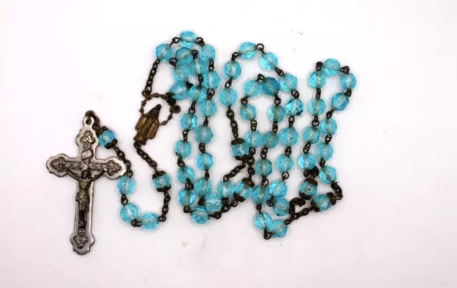 Gorgeous Vintage Brass And Blue Glass Miraculous Rosary From Nun's Convent
