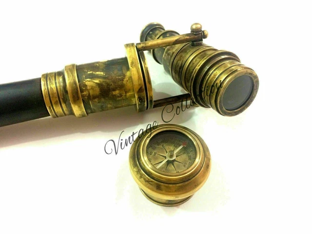 Victorian Spy Telescope & Antique Compass Brass Handle Wooden Walking stick Cane
