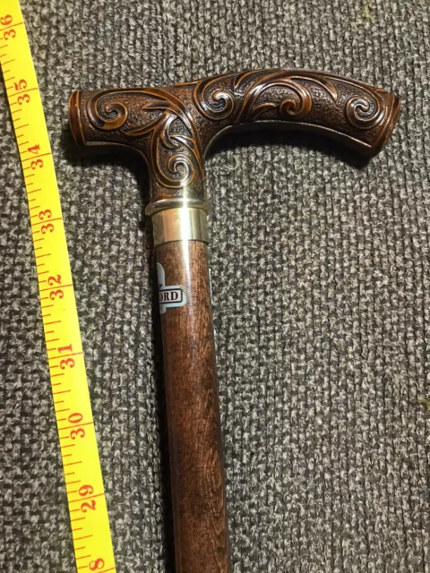 Made in Italy CONCORD Carved Wood Handle Hardwood Walking Stick Mens Cane 35”