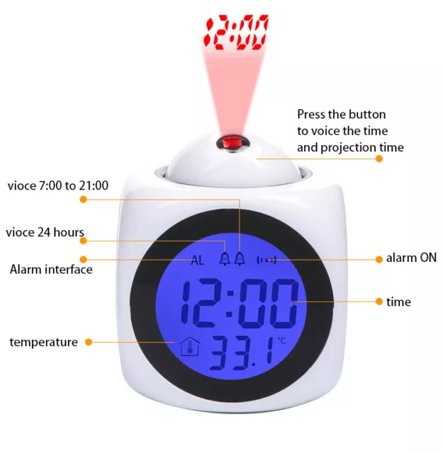 Reloj Despertador con proyección indicador de voz y pantalón digital LED de mesa 3