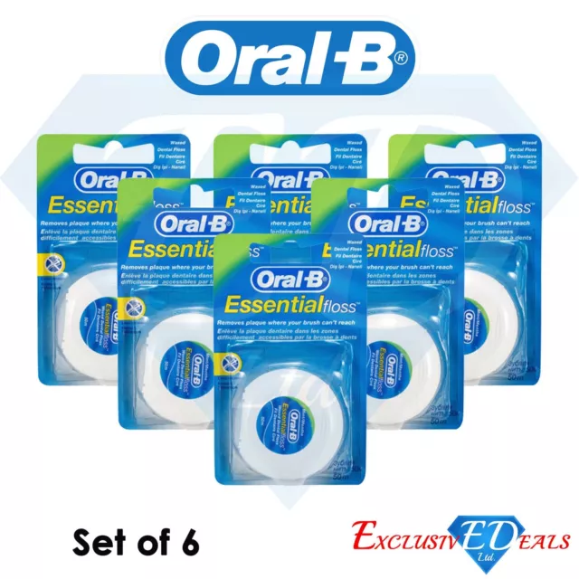 6 x Oral B Essential Waxed Mint Essential Dental Floss 50m Length - Sealed