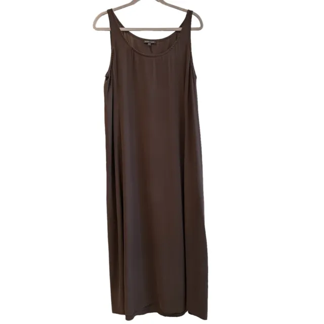 Eileen Fisher Dress Women L 100% Silk Chocolate  Brown Maxi Sleeveless Tank Slit