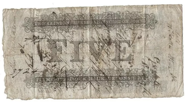 Rare Provincial George III Plymouth Dock Bank White £5 Note Dated 1819 2