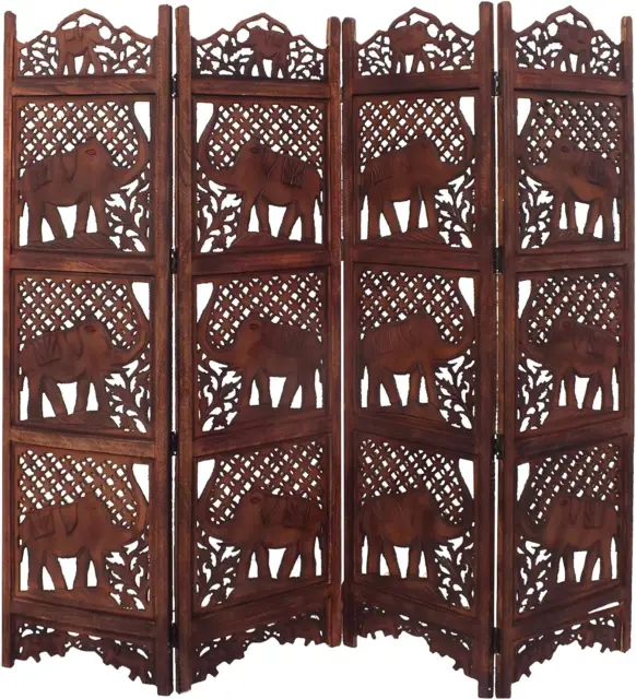 Benzara BM34823 Hand Carved Elephant Design Foldable 4-Panel Wooden Partition Sc