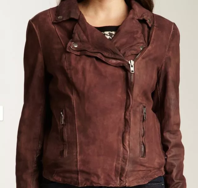 Muubaa Monteria Leather Skinny Distressed Biker Jacket Chestnut Brown 6 S Uk 10