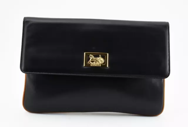 CELINE [Rank A] Horse Carriage Clutch Bag Purse Second Black Leather Gold Auth