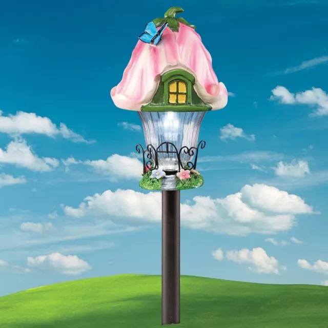 Charming Solar Lighted Pink Tinkerbell Fairy House Staked Garden Sculpture