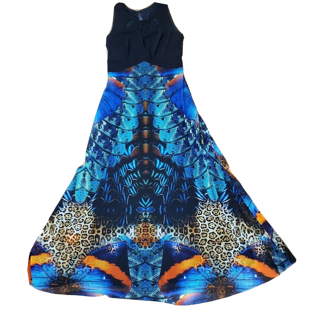 elana kattan cutout Tank Full Skirt Maxi Dress Amazing Graphics Sz M Butterfly?