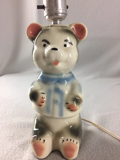 Vintage 1950's Ceramic Nursery Dresser Lamp Teddy Bear Wearing Blue Shirt